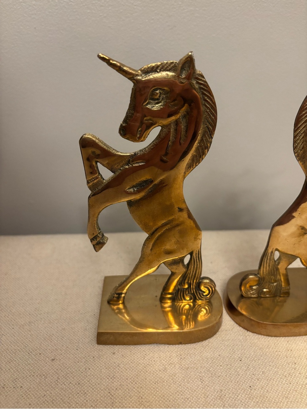 Vintage Solid Brass Rearing Unicorn Bookends Mid Century Hollywood Regency Set - Picture 6 of 16